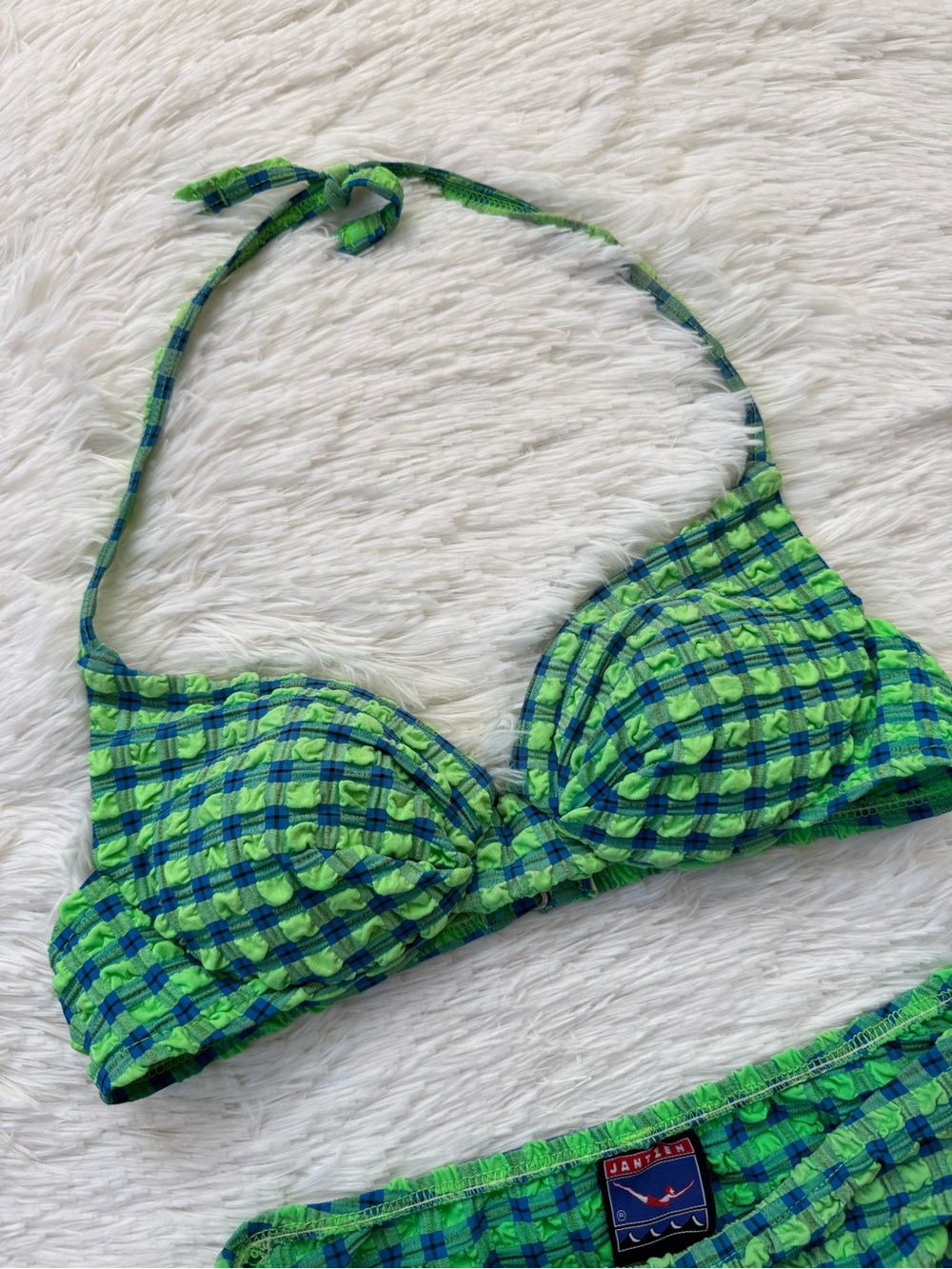 Vintage 90s Jantzen green blue gingham crinkle high cut bikini set medium - Picture 3 of 12